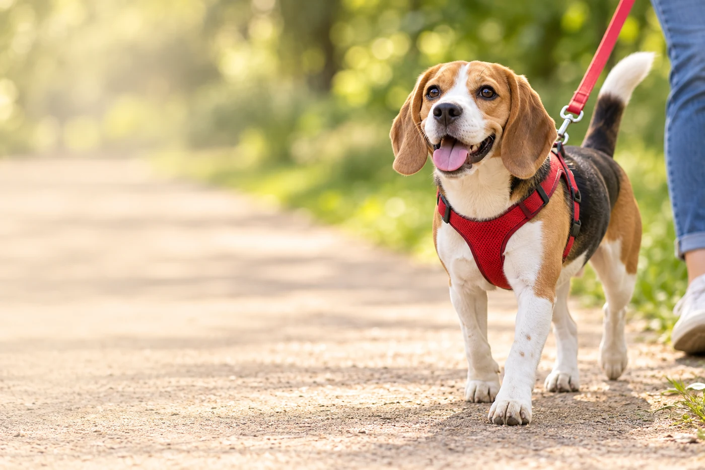 Perro con arnés durante un paseo