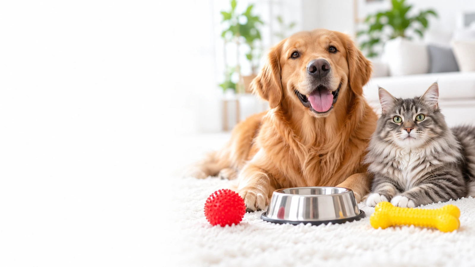 Un golden retriever y un gato descansan junto a sus juguetes