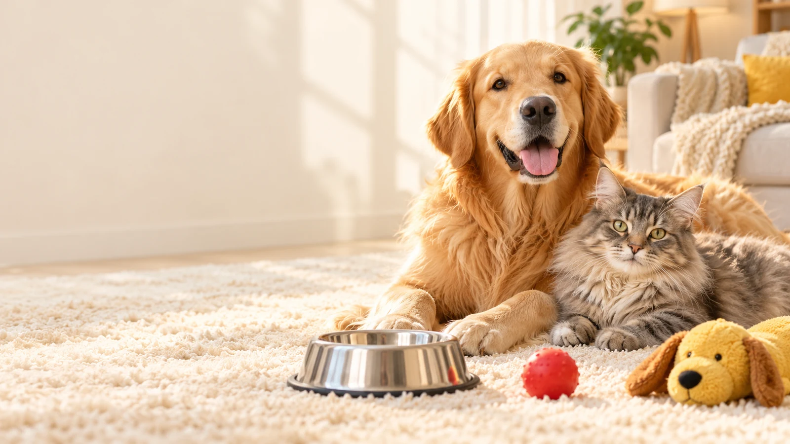 Un golden retriever y un gato descansan junto a sus juguetes